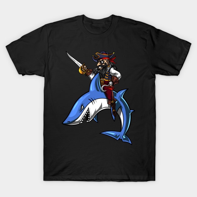 Pirate Captin Riding Shark Ocean T-Shirt by underheaven